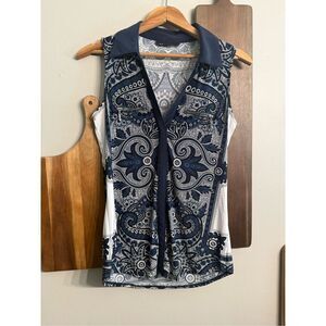 INC International Concepts Navy Cream Floral Paisley V-neck Sleeveless Blouse XS